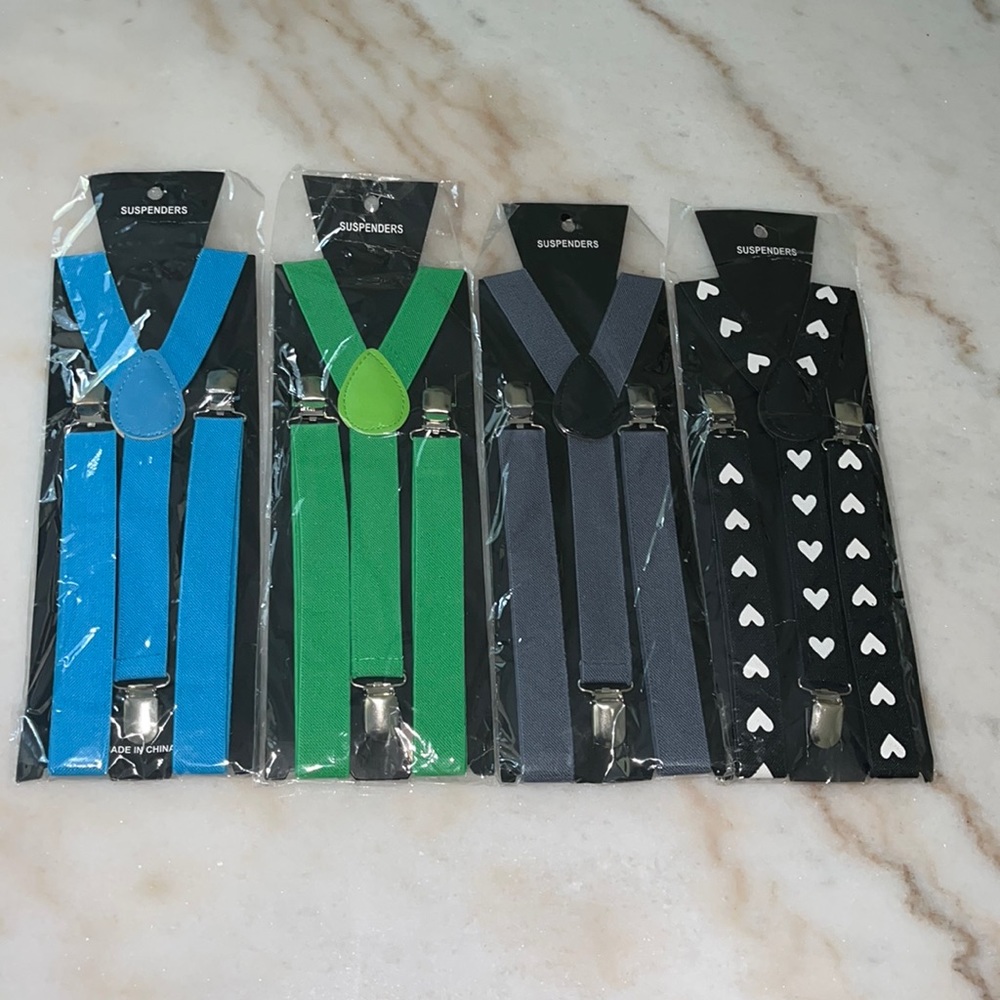 Bundle Deal 4 Unisex Suspenders Gray, Green, Black w/white Hearts and Teal